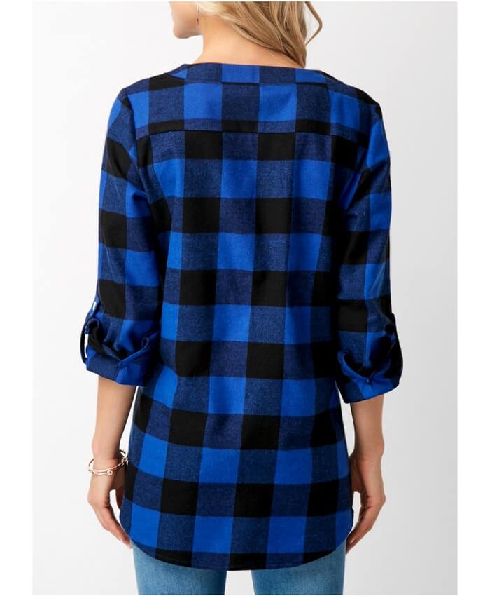 Roll Tab Sleeve Split Neck Plaid Blue Blouse